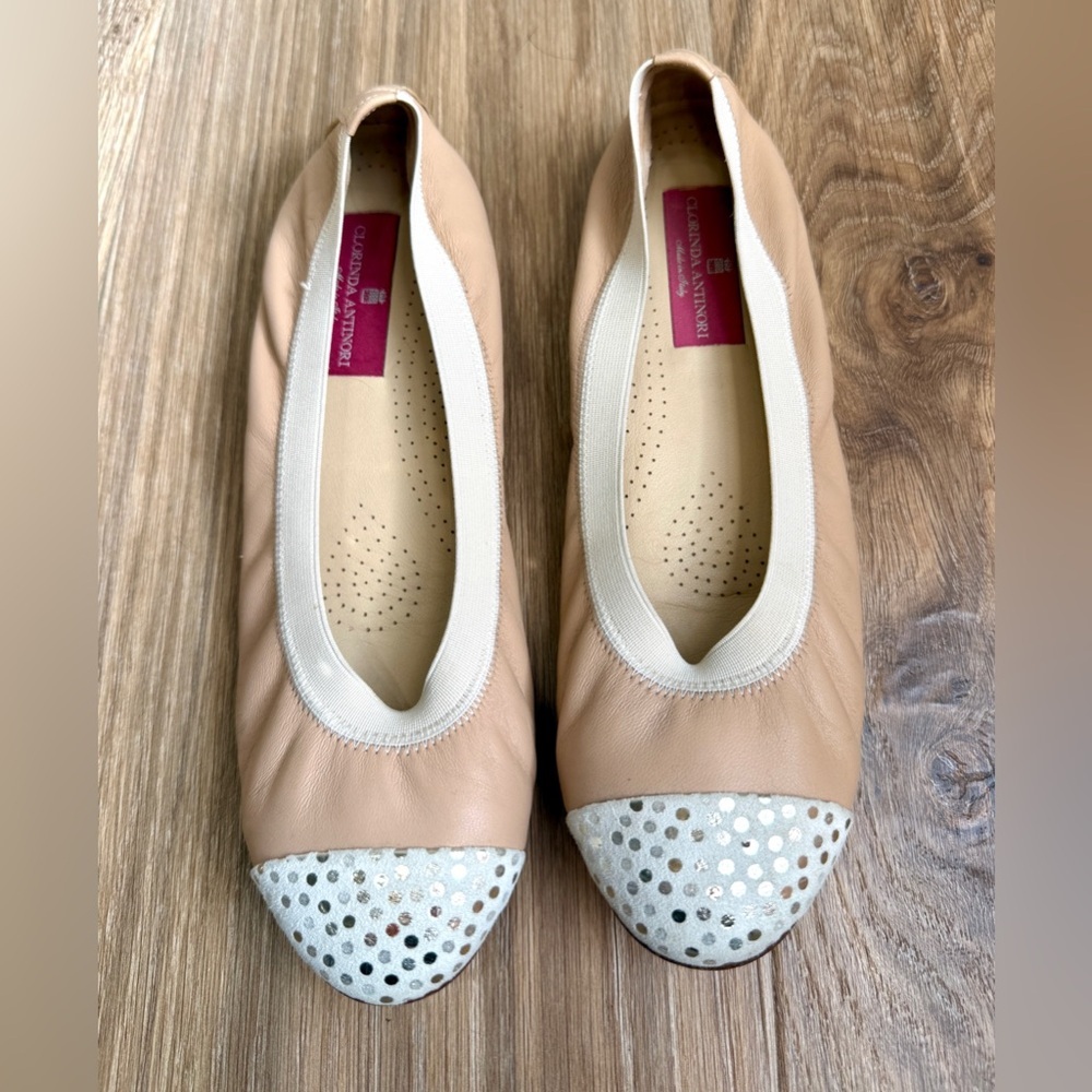 Clorinda Antinori Nude Leather Ballet Flats Silver Polka Dot Toe Size 38½